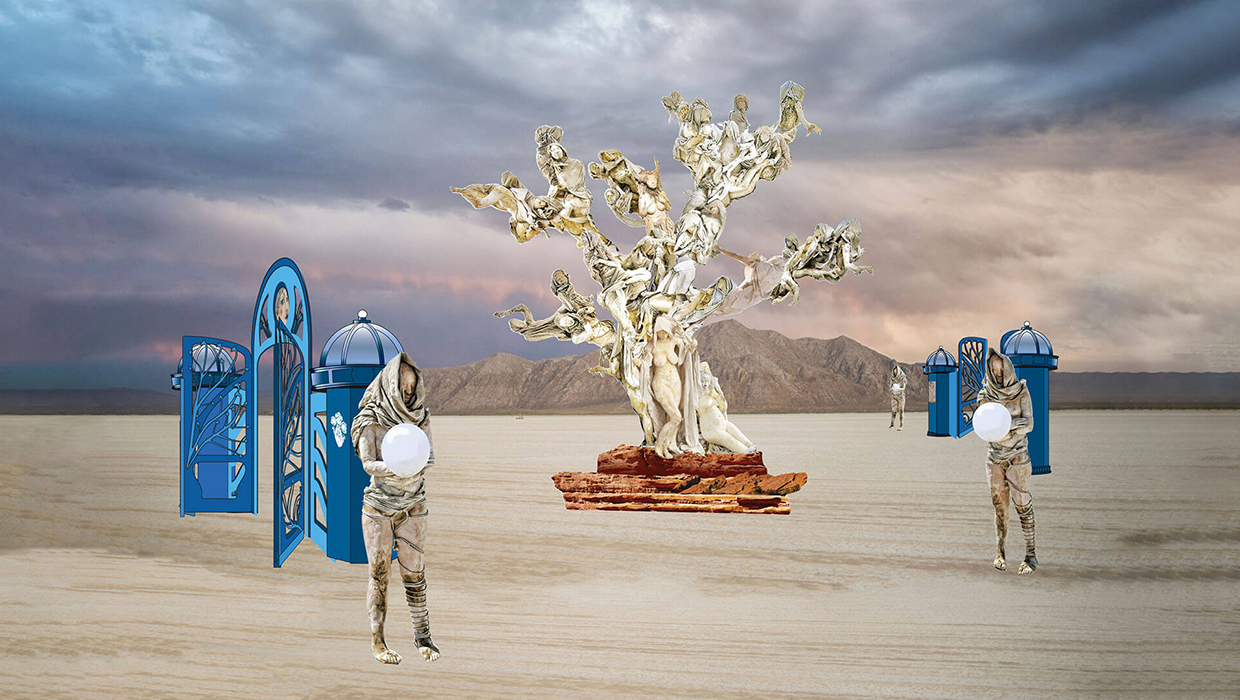 Concept art of Womantree by day: the tree of cast figures on a red rock base, with blue portrait kiosks, an arched gate and visitors on the playa
