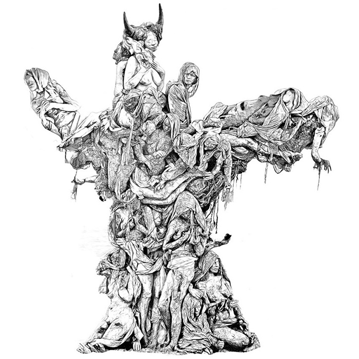 Pen-and-ink drawing of the Womantree, its trunk and branches formed from intertwined figures of women, with a horned figure among them