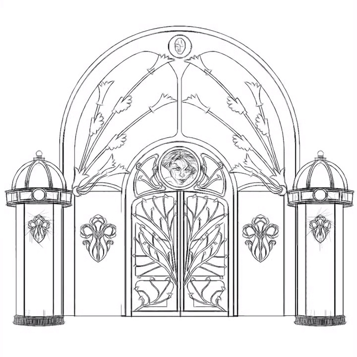 Line drawing of the Womantree entrance: an Art Nouveau arch with a face medallion, vine-patterned double doors and a domed kiosk on each side