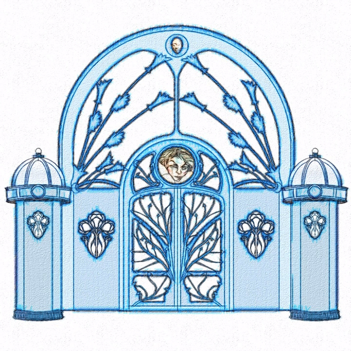 Blue-tinted sketch of the entrance gate, with a painted face in the medallion above vine-patterned doors between two domed kiosks