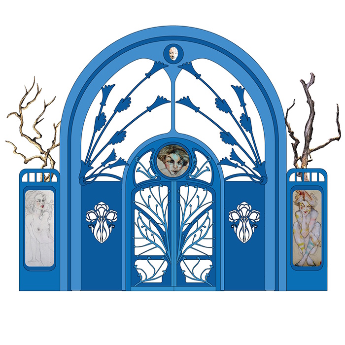 Blue entrance gate design with a painted face medallion, vine-patterned doors, portrait panels on each side and bare branches