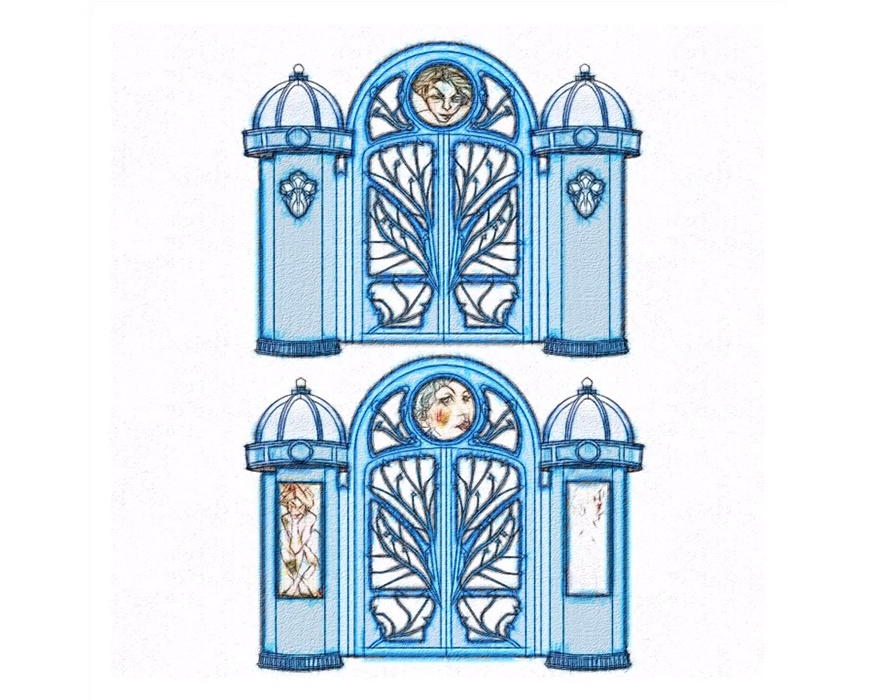 Two blue-tinted sketches of the entrance gate, one with painted portraits in the side panels