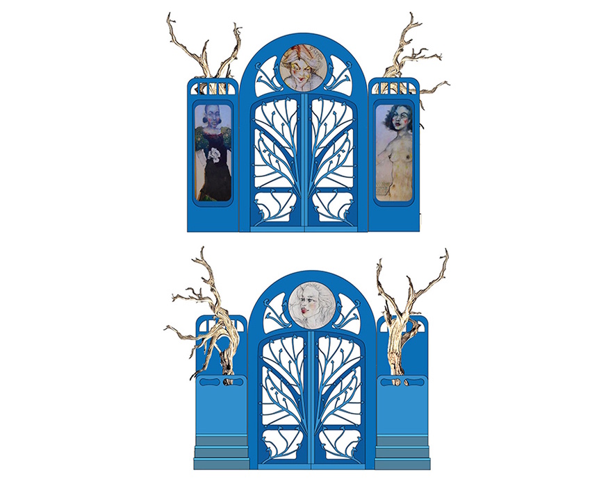 Two blue gate designs flanked by bare branches, one with painted portraits on its side panels