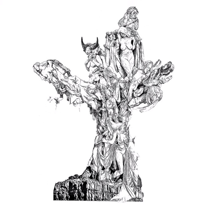 Pen-and-ink drawing of the Womantree on a rocky base, its branches formed from figures of women