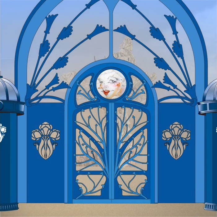 Close-up rendering of the blue gate's arch and painted face medallion against the desert sky