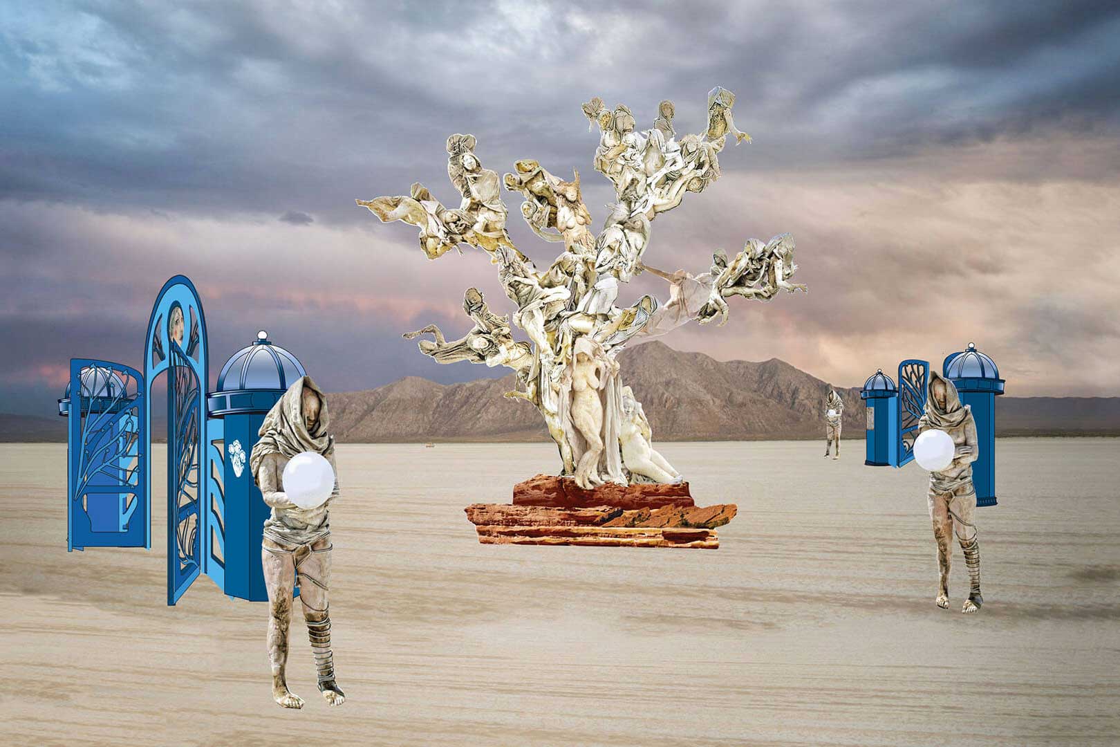 Concept art for Womantree: the tree of figures on the playa by day, with blue portrait kiosks and visitors