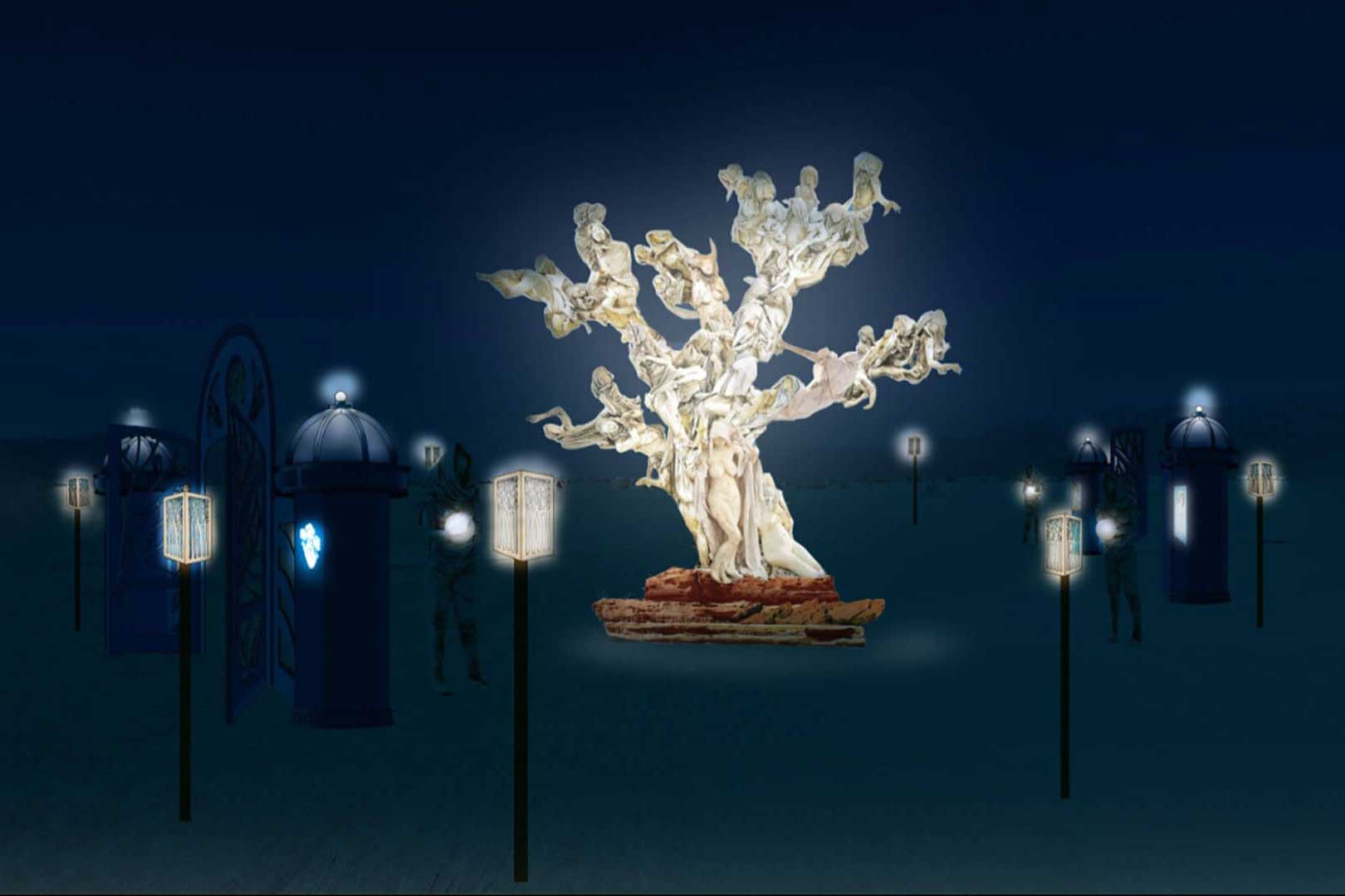 Concept art for Womantree at night: the glowing tree surrounded by lit lanterns and kiosks