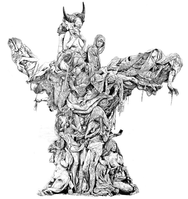 Ink drawing of the Womantree showing intertwined figures of women.